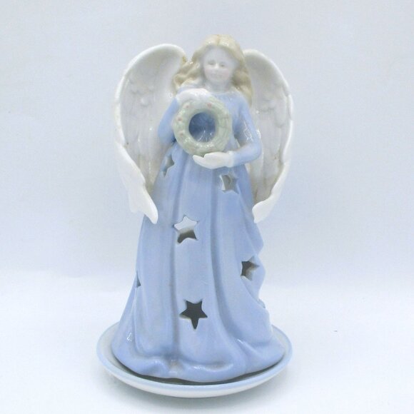 Russ Porcelain Angel Tealight Holder With Star Cutouts Wreath Design - Picture 1 of 5